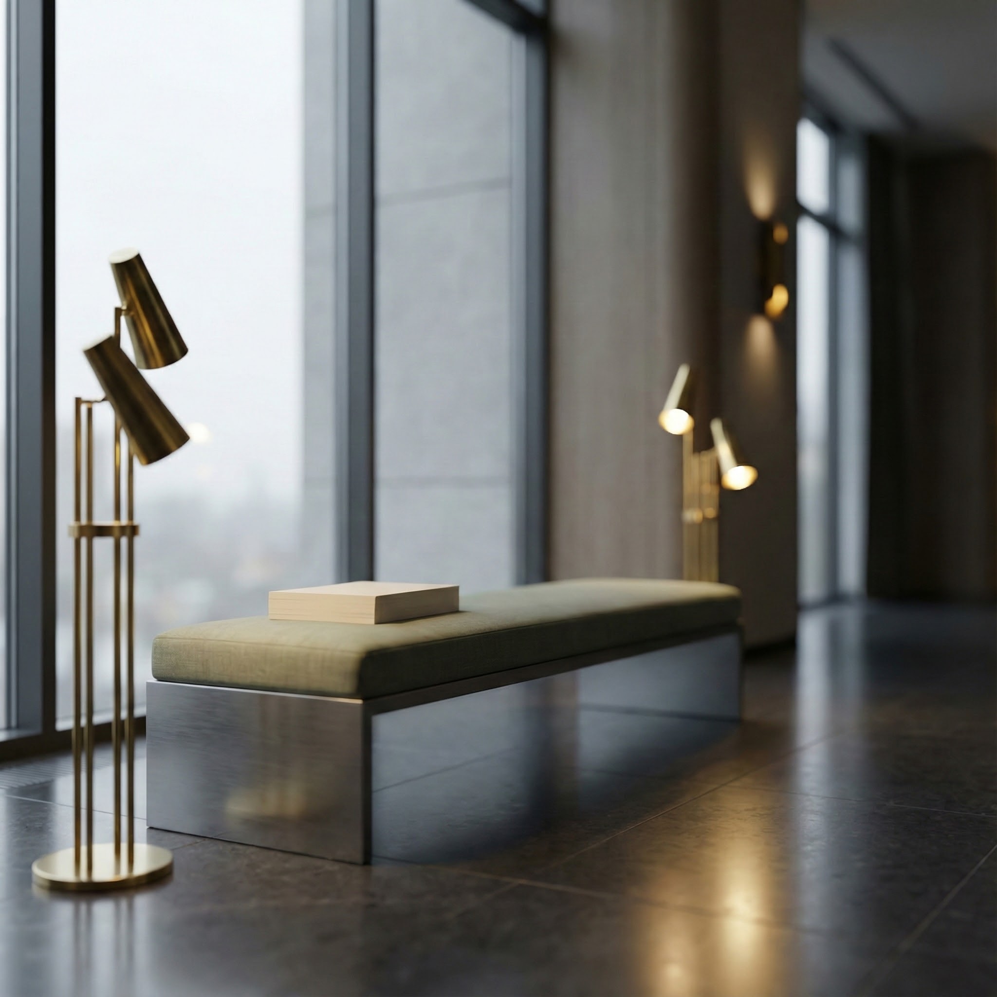 Egy éjszakai előcsarnok csiszolt márványpadlóval és szoborszerű világítással, minimalista fémpadognak és elmosódott papírhalomnak.