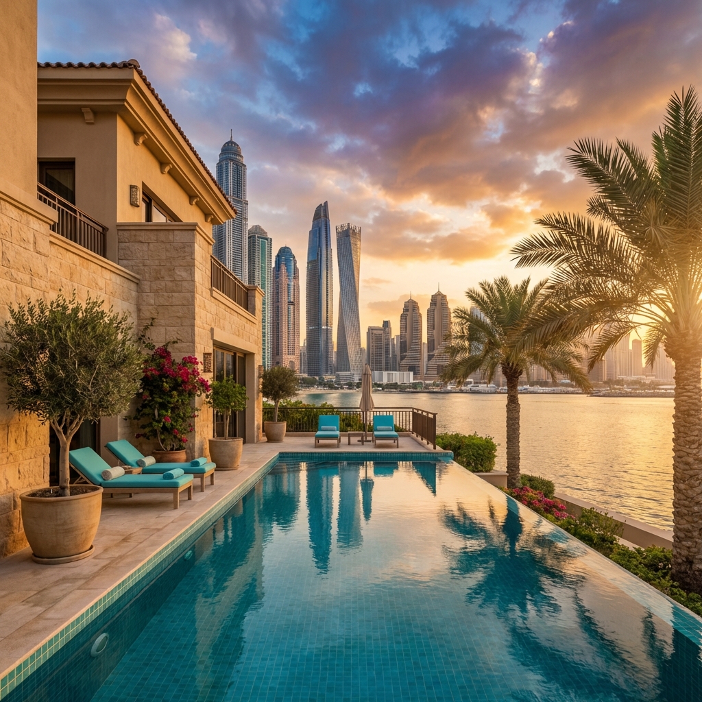 tengerparti, medence, panoráma, naplemente fényben — professzionális ingatlanfotó